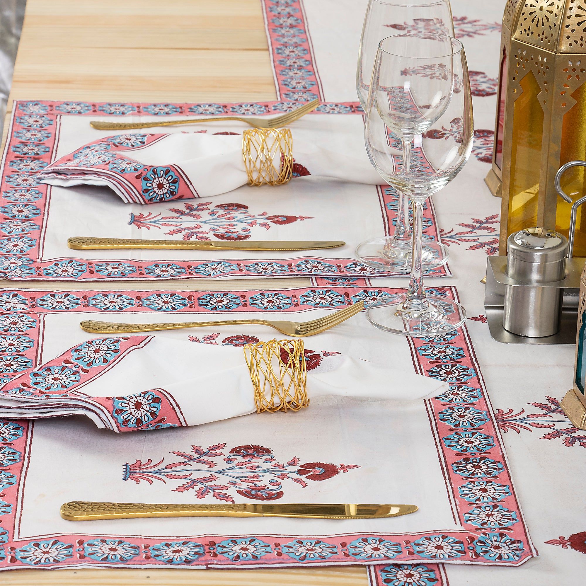 Maroon Boota Floral Block Printed Cotton Table Runner For Center Table
